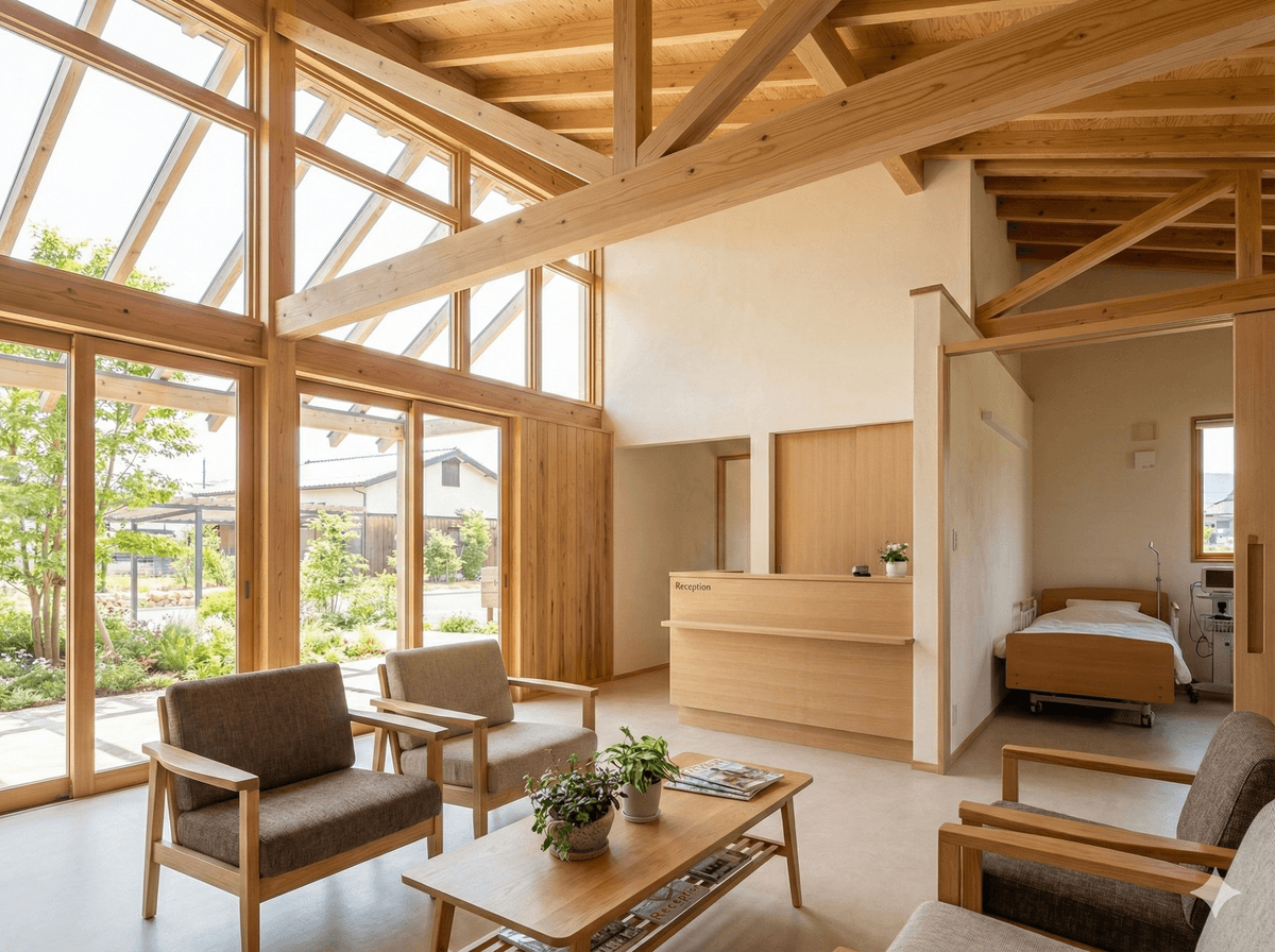 施設内観 — 木のぬくもりが感じられるラウンジ